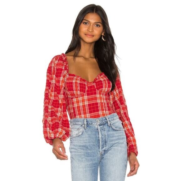 FREE PEOPLE Cherry Bomb Madrass Plaid Top Size Large - Picture 3 of 7